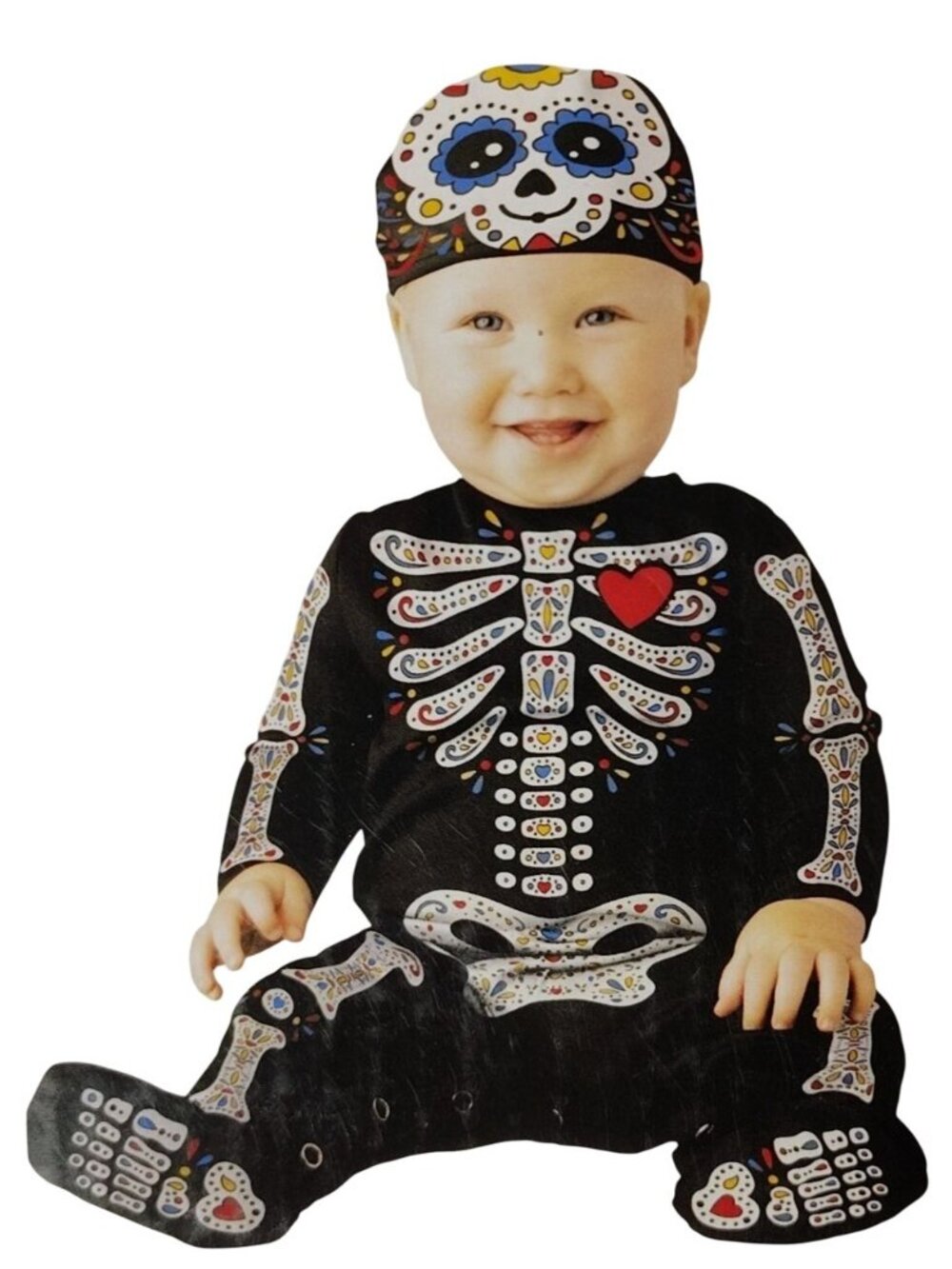 Infant 0-6 Mo Sugar Skull Halloween Costume Jumpsuit and Cap Dia De Los Muertos